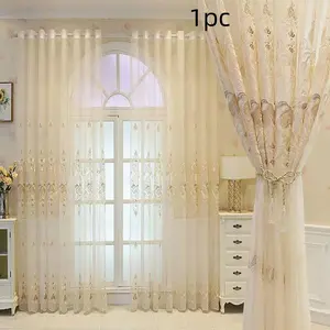 Elegant Embroidered Transparent Curtain, Korean Style Drapes for Bedroom & Living Room Decor, Floral Pattern, Window Curtain