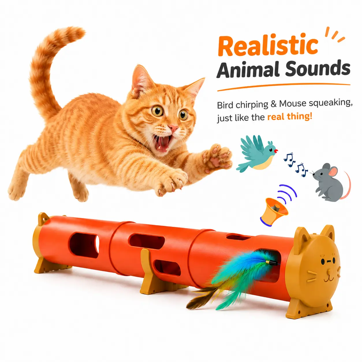 Interactive Cat Tunnel Toy with Moving Feather, Realistic Bird & Mouse Sounds, 3 Smart Play Modes, Automatic Self Play Cat Toy, USB Rechargeable Hunting & Exercise Toy for Indoor Cats & Kittens fun gift
