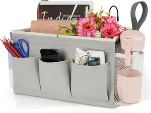 Bedside Storage Organizer with Fixed Straps and Water Bottle Holder for Home, College, Dorm, Bunk / Hospital Bed, Crib Bed Rails (Grey) Adjustable  Racks