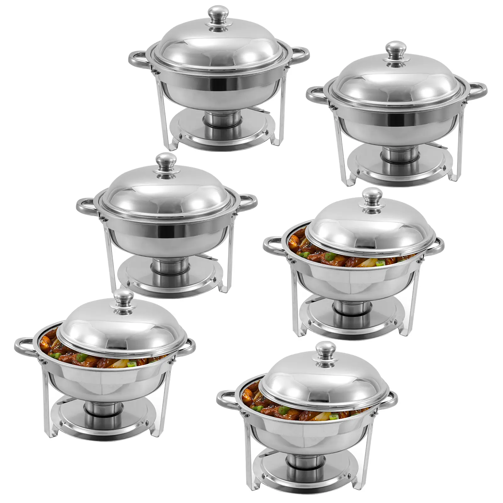 6-Pack 6QT Stainless Steel Round Chafing Dish Buffet Set - Food Warmer Kit with Lids, Food Pans, Water Pan, Fuel Holders for Restaurant Catering, Serving Weddings