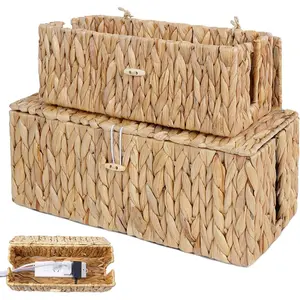 Management Box with -Handwoven Rattan Cord Organizer with Open Slots,Desk Organizer Box to  Power Strips&Cords,Office Desk Accessories Storage Basket,2 Pack