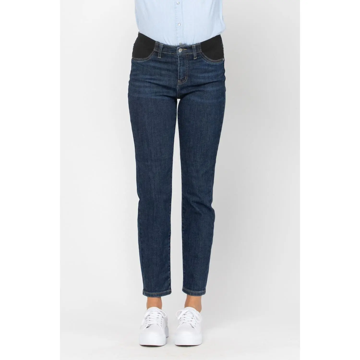 Judy Blue Maternity Clothing, Casual Slim Silhouette Pregnancy Jeans in a Flattering Fit, Comfortable Stretch Denim, Pregnancy Clothes, Mid-Rise, Tanks, All Seasons, Sleek Slim Shape Flatters, Stretch Panels, Elastic Sides Ease Pressure, Cotton Blend, Dar
