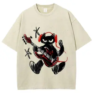 Black Cat Wearing Red Headphones Unisex Vintage Washed Tee, Vintage Distressed Coloful Washed Tee- Wash Shirt - Natural Theme Unisex Streetwear Funny and cute clothing graphic tees graphic t shirts graphic tees women tiktok shop deals festival gift