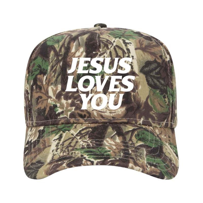 Jesus Loves You Camo Unisex Trucker Hat with Bold Text Design and Adjustable Fit