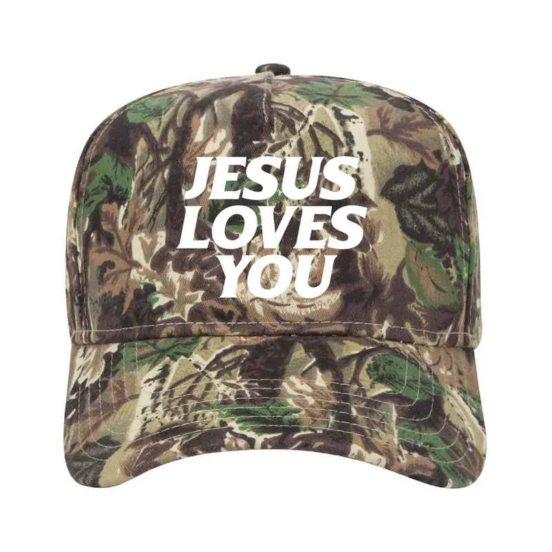 Jesus Loves You Camo Unisex Trucker Hat with Bold Text Design and Adjustable Fit