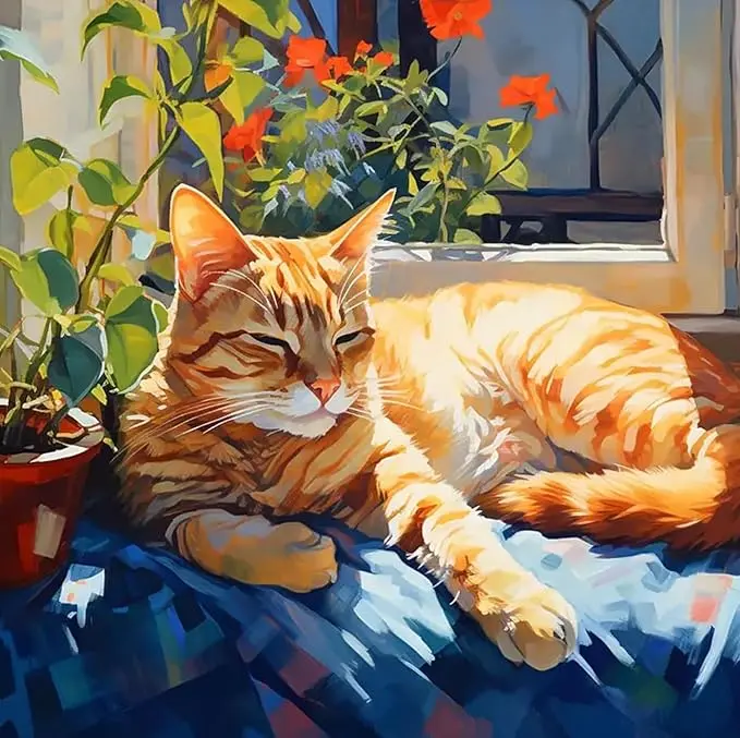 5D Full Drill Diamond Painting Kit, Cozy Sunlit Orange Tabby Cat Art, Sleeping Ginger Cat with Houseplants DIY Wall Decor