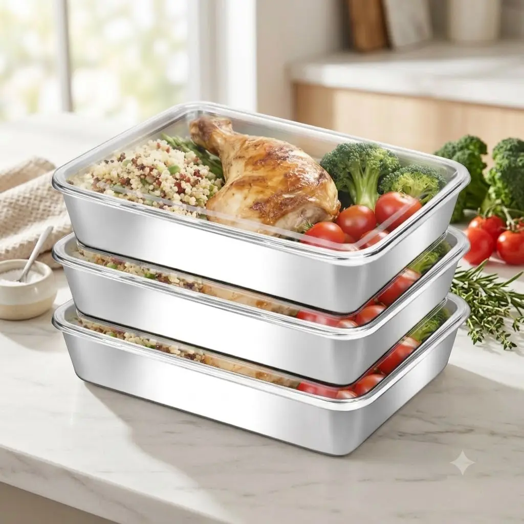 Stainless Steel Food Storage Containers with Clear Lids, Stackable Meal Prep Boxes for Lunch, Leftovers, Refrigerator and Kitchen Organization, Reusable Metal Food Containers
