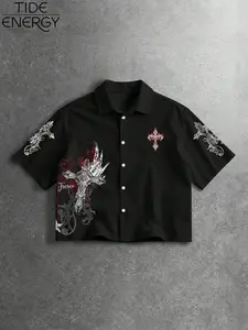Men's Y2K Goth Style Short Sleeve Fitted Button Front Shirt with Geometric Cross Print, Lightweight Casual Top for Street Style, Streetwear & Weekend Wear, Breathable Summer Urban Attire, Casual Wear Clothing, Menswear