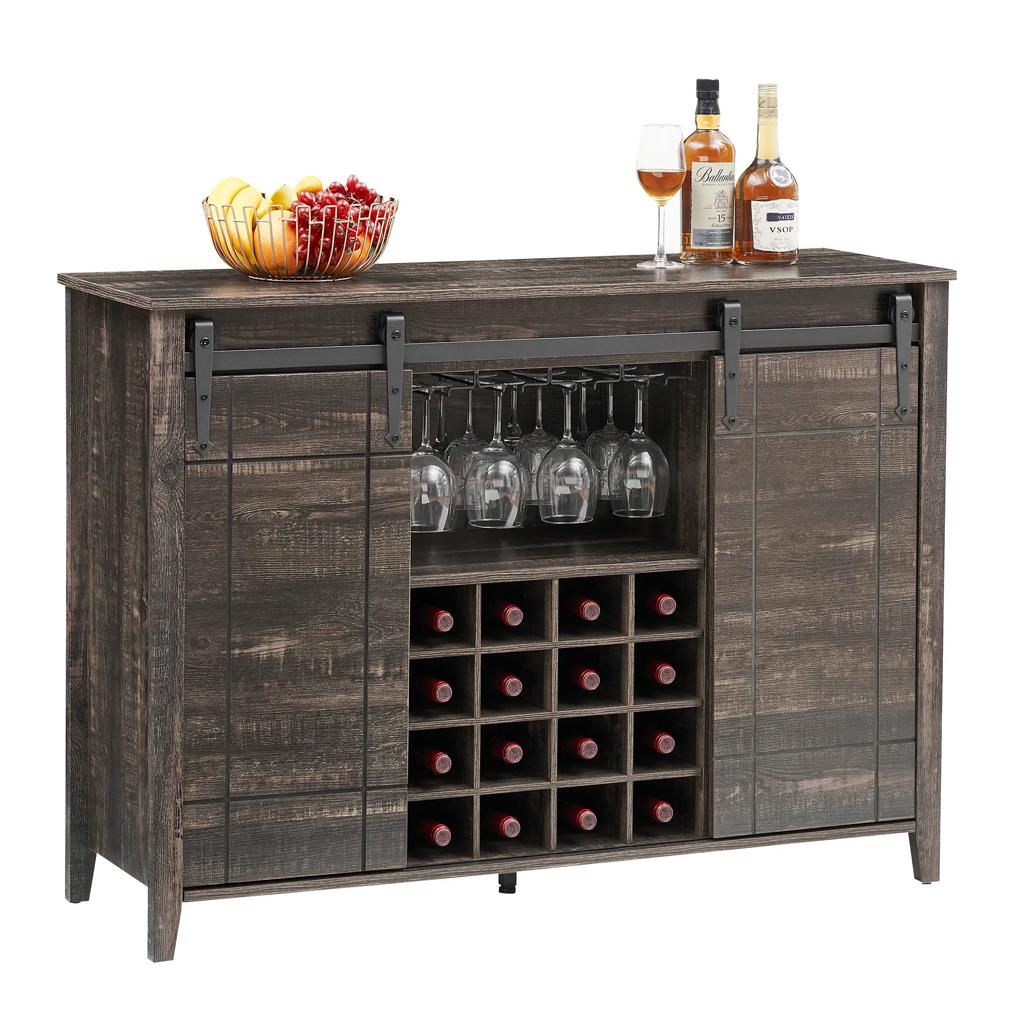Farmhouse Bar Cabinet with Barn Door Wine Cabinet with Wine Rack and Glass Rack, Buffet Cabinet with Storage for Dining Room