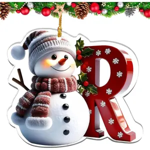 Snowman Letter Ornaments for Christmas Tree Decoration, Cute A-Z Alphabet Personalized Christmas Ornaments, Fun Xmas Tree Decorations, Holiday DIY Small Decorative  Ornament (Red R)