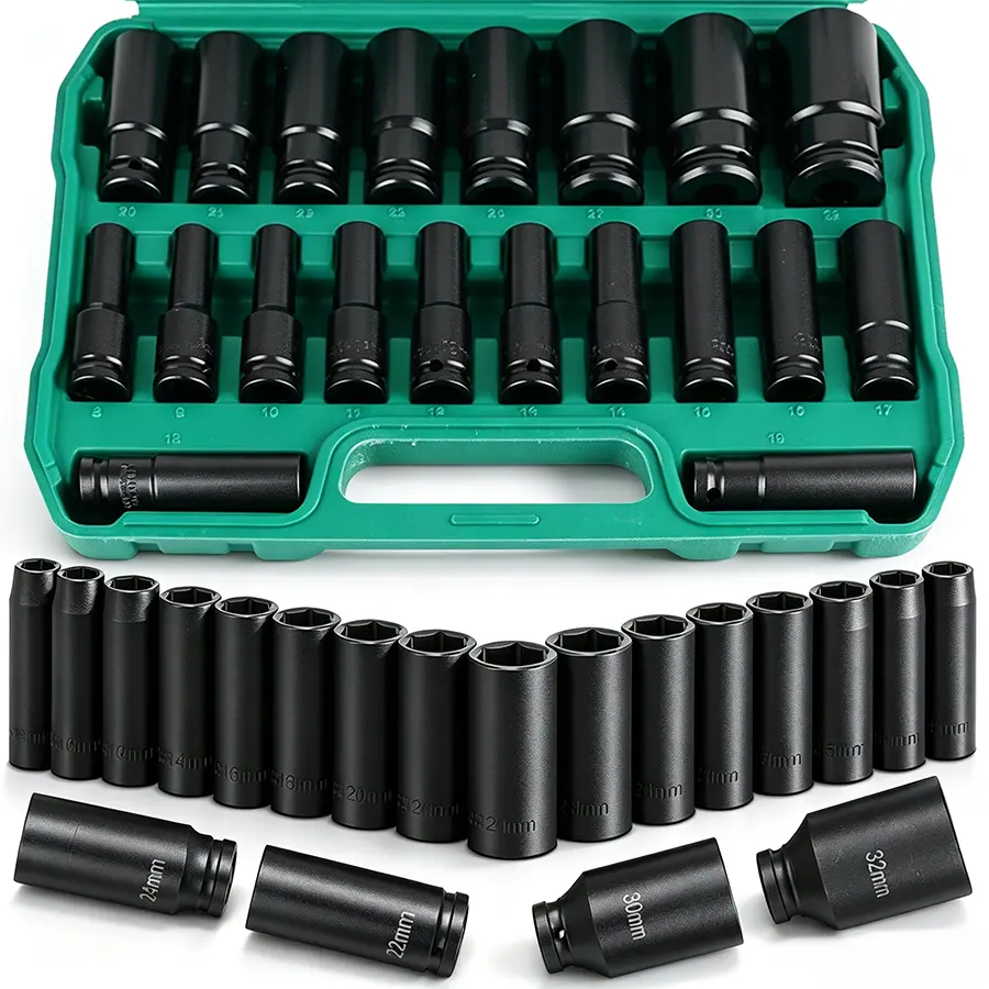 20 PCS 1/2" Drive Metric Deep-impact Socket Set, Extended Hex Socket Set For Electric Wrenches, Pneumatic Hex Sockets, Suitable For Electric Wrench Sockets, Automotive Repair And Nut Tools
