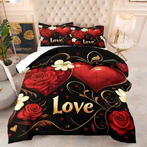 2-3PC Romantic Love Heart Rose Gold Quilt Set, Cozy Warm Bedding for Couples/Kids, Nap/Sofa Throw, Gift for Daily & Holidays