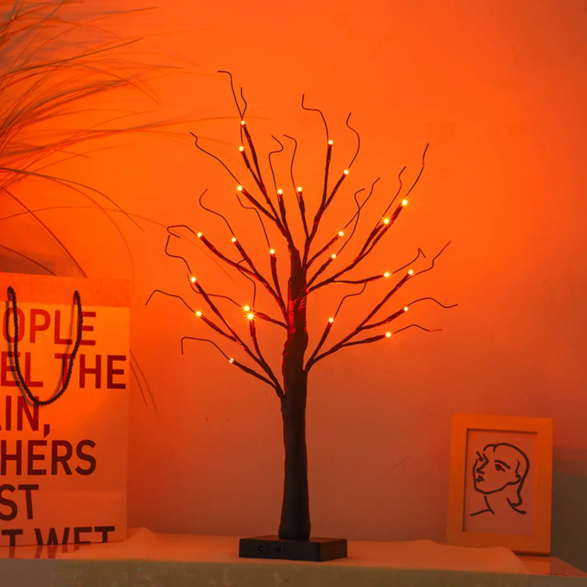 Lighted Artificial Black Halloween Tabletop Tree, Orange Spooky Decor Tree with Built-In Lights, Battery Operated Indoor Ornament for Home & Party Layout