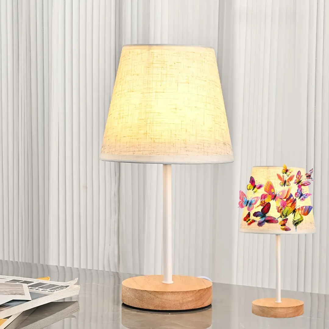 Wooden Bedside Lamp with Linen Shade, USB Night Light for Bedroom Living Room Kids Room, Halloween Christmas Gift Idea