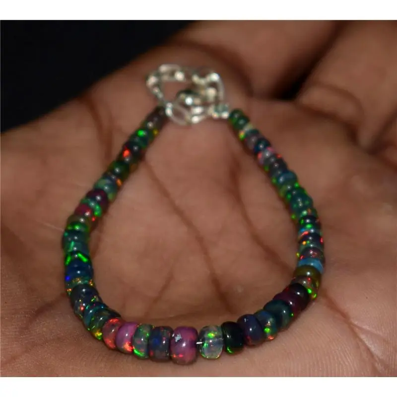 Solid 925 Sterling Silver Natural Ethiopian Opal Gemstone Beads 7"Bracelet F0362