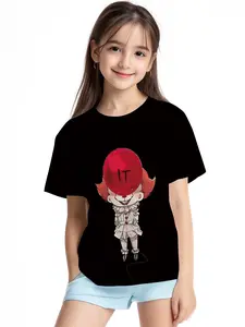 IT Balloon Clown Digital Printing Summer Fashion Girls' Clothing, 100% Polyester Designed for Energetic Children, Cute Girls' Short-Sleeve T-Shirts, Summer Casual Children's Clothing, Outdoor Sports T-Shirts
