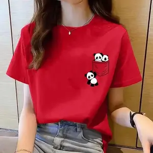 Women's short sleeved top summer new pocket panda cartoon printed T-shirt Korean fashion women's top loose round neck T-shirt women's casual round neckRAIMENTRY