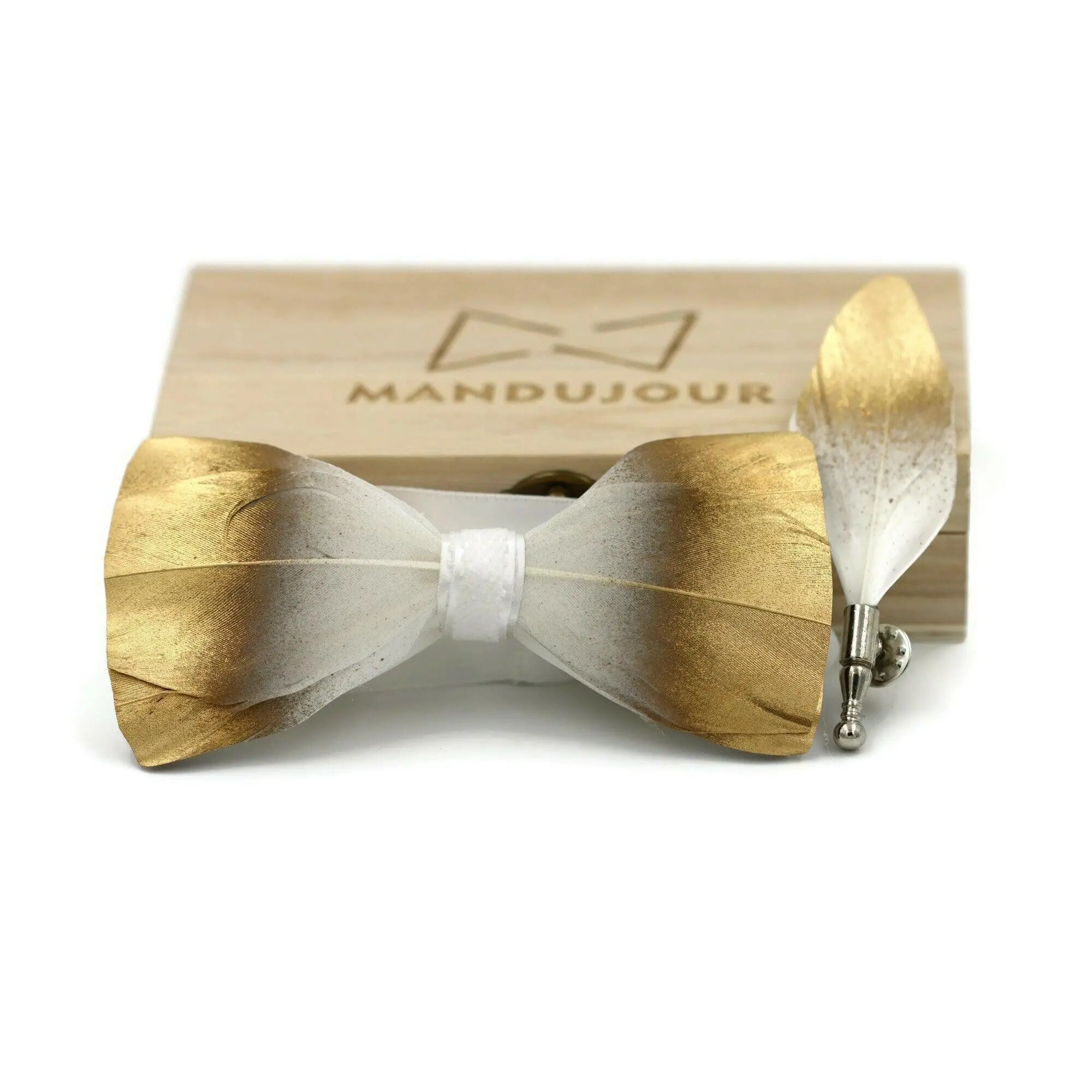 Gold and White Bird Feather Bow Ties lapel Pin Set