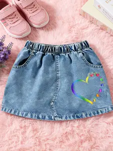 Heart Pattern Printed Denim A-Line Short Skirt for Girls, Casual Loose Fit Elastic Waist, Perfect for Spring Summer Cat Meetups