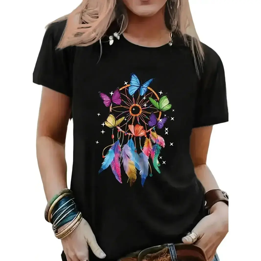 Women's Soft Cotton Printed Front Butterfly Graphic Round Neck Short Sleeve T-Shirt - 180g Smooth Seamless Knitted Fabric, Black Regular-Cut All-Seasons Casual Lightweight Machine-Washable Foldable Everyday Top