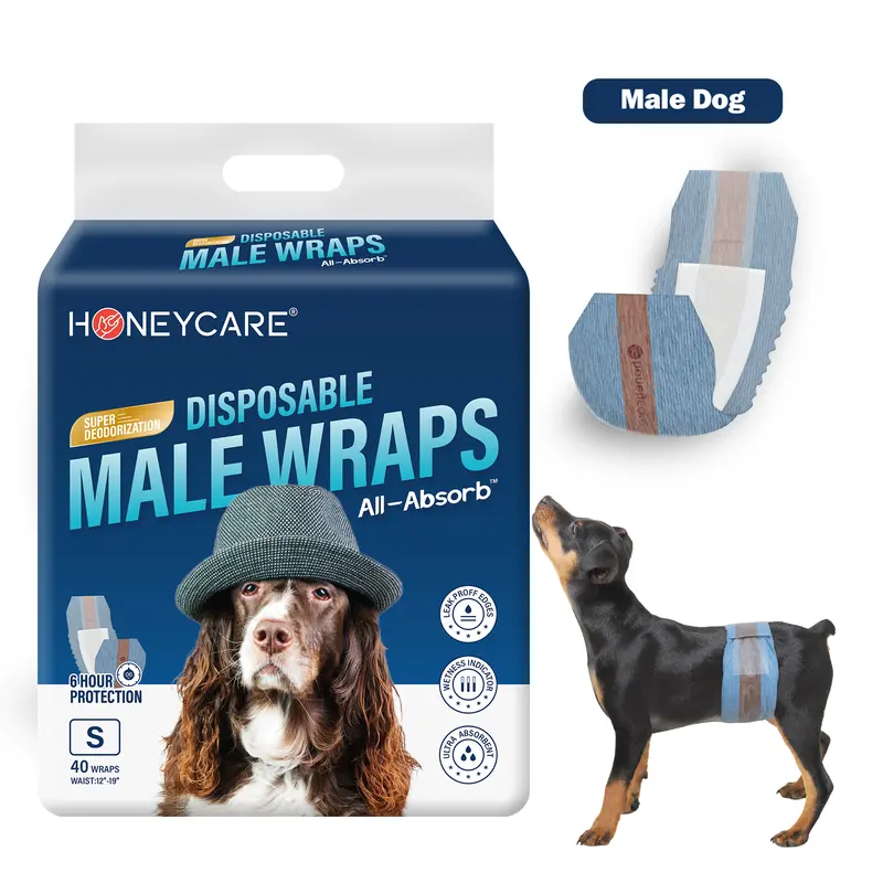 Honeycare | Disposable Female Male Dog Diapers Wraps, Super Absorbent, Breathable, Wetness Indicator, Cute Suspenders Design