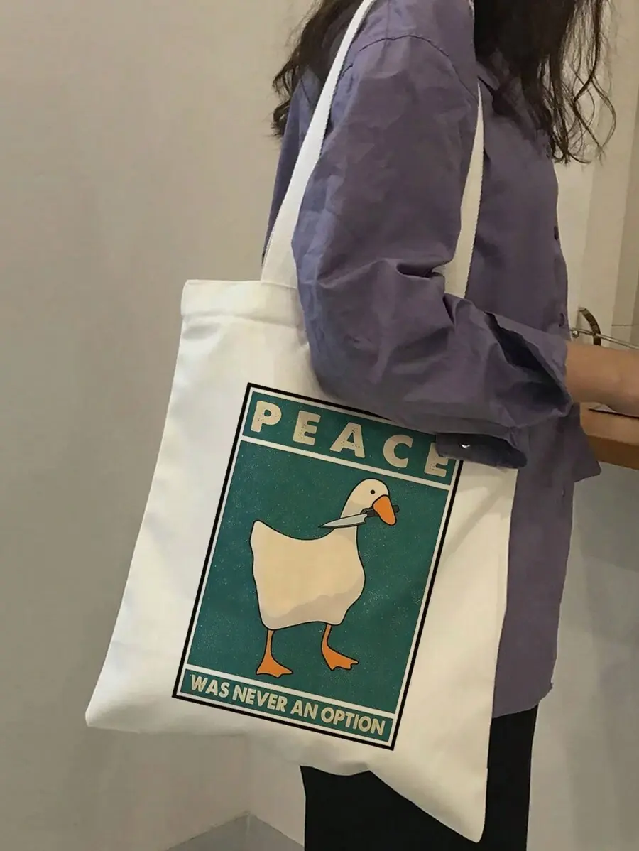 Cute Duck Printed Fashion Shoulder Bag, Stylish Canvas Tote Bag, Handbag, Shopping Bag For Women, Casual Tote Bag For Students, Office Workers, Shopping, Outdoor, Gift