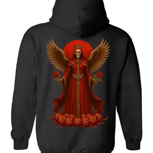 Santa Muerte Hoodie with Red Robe and Golden Wings Design for Men and Women