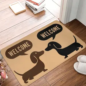Flannel Cute Dachshund Welcome Door Mat with Comfort - Soft Pet Lover's Entry Mat, Easy-to-Clean Brown/Black Dog Design with Speech Bubbles & Paw Prints for Porch, Kitchen, Entrance - Floor Mat