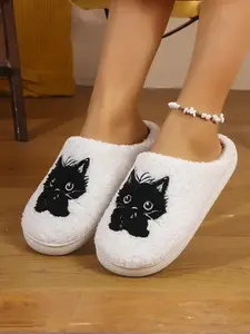 Women's Cute Cat Embroidery Plush Slippers, Casual Soft Comfortable Fluffy Home Slippers, Warm Slippers for Indoor & Outdoor Use for Fall & Winter, Footwear