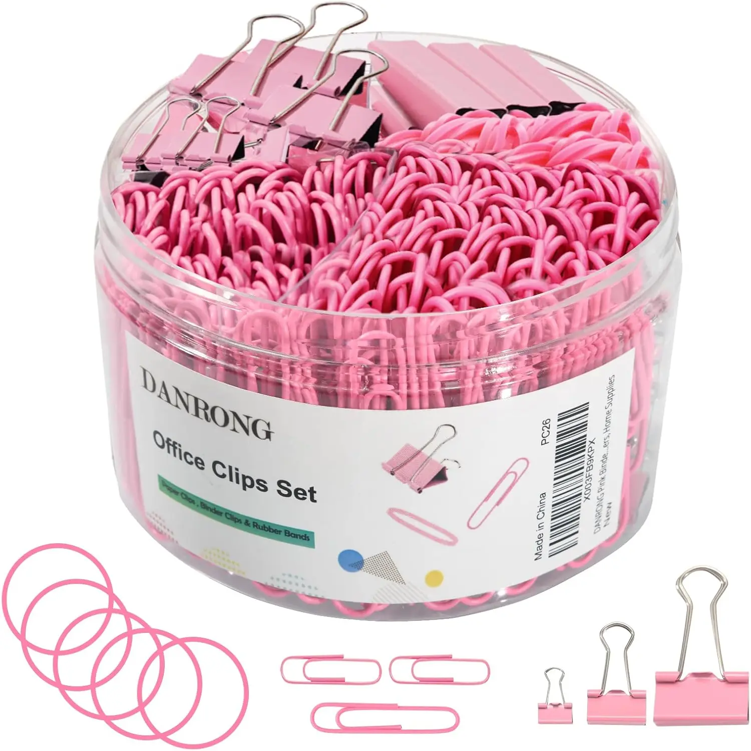 Pink Binder Clips Paper Clips,380 PCS Assorted Sizes Paperclips Paper Clamps Rubber Bands for Files, Papers, Home Supplies (Pink) DANRONG