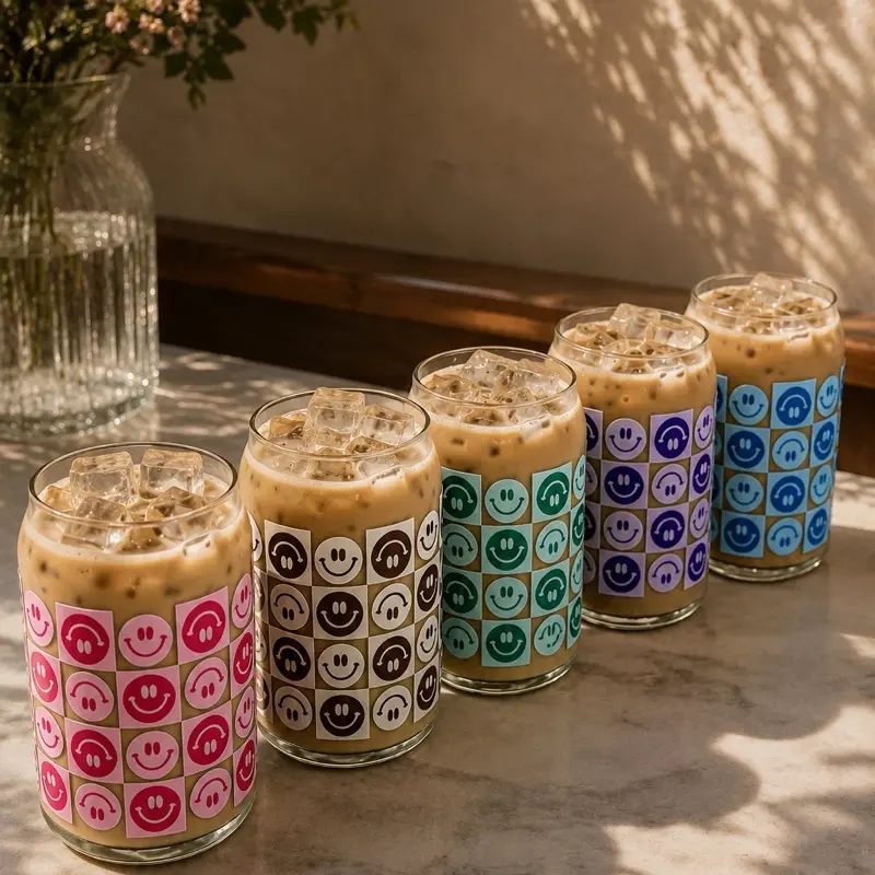 Smiley Face Checkered Iced Coffee Glass