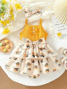 Baby girl summer sweet style set with yellow knitted suspender, bee printed cake skirt, paired with bow headband for daily/travel cute and fun wear. Baby clothes