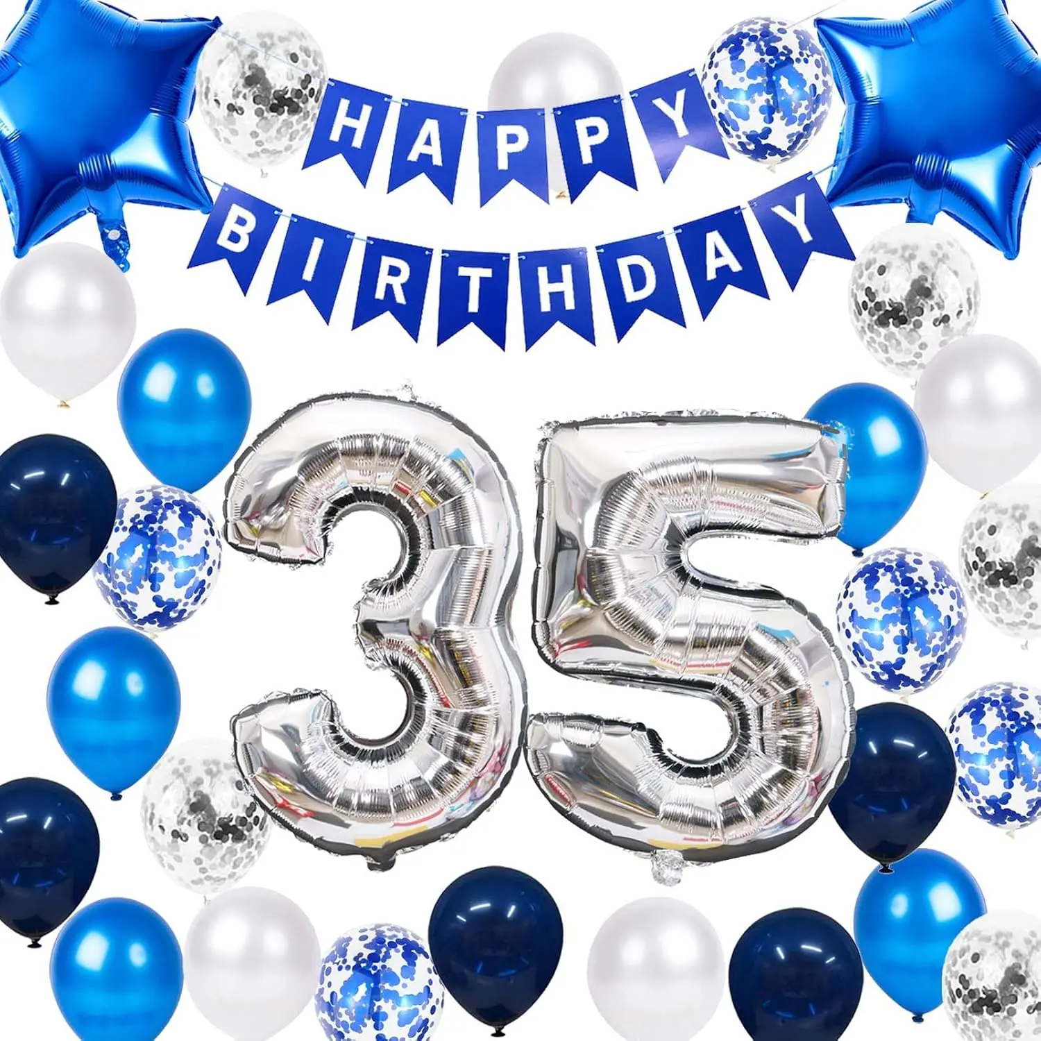 35th Birthday Party Decoration Blue  for Men, Happy Birthday Banner Number 35 Birthday  Foil Balloons Latex Confetti Balloons for Men Him Husband 35  Birthday(35th)