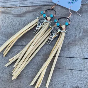 Fierce Fringe Couture Hypoallergenic Fringe Bullhead Earrings with Turquoise Beads and Leather Tassels