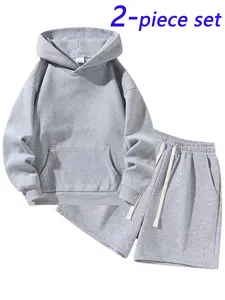 Men's Two-Piece Hoodie & Shorts Set, Casual Solid Color Sportswear, Soft Homewear for Gym and Daily Wear, Loose Fit Long Sleeve, Sports Suit Set