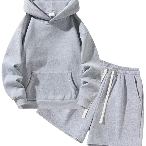 Men's Two-Piece Hoodie & Shorts Set, Athleisure Set,, Activewear Workout Set, Workout Gym Outfit, Casual Solid Color Fitness Sportswear, Soft Homewear for Gym and Daily Wear, Loose Fit Long Sleeve Hoodie, Fleece-lined