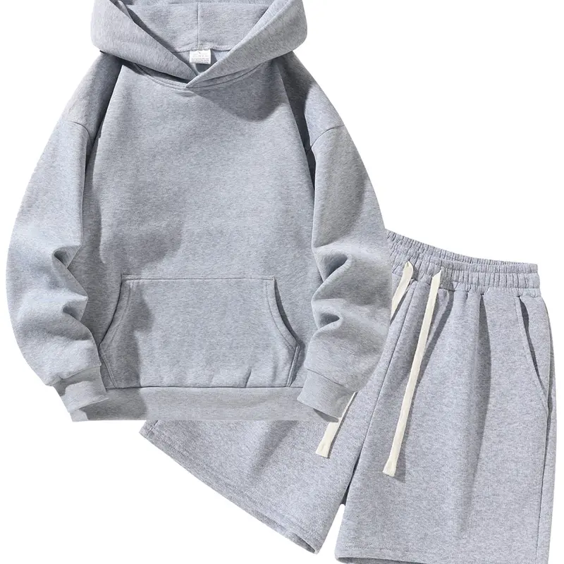 Men's Two-Piece Hoodie & Shorts Set, Athleisure Set,, Activewear Workout Set, Workout Gym Outfit, Casual Solid Color Fitness Sportswear, Soft Homewear for Gym and Daily Wear, Loose Fit Long Sleeve Hoodie, Fleece-lined