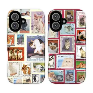 Vintage Cat Stamp Tough Phone Case for iPhone 11, 12, 13, 14, 15, 16, 17 Pro Max Plus. Retro Feline Collage, Nostalgic Cute Cat Postage Stamp Design. Perfect Gift for Cat Lovers.