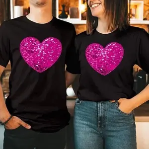Pink Heart Valentine's Day T-shirt Women Men Sequin Effect Love Heart Tee