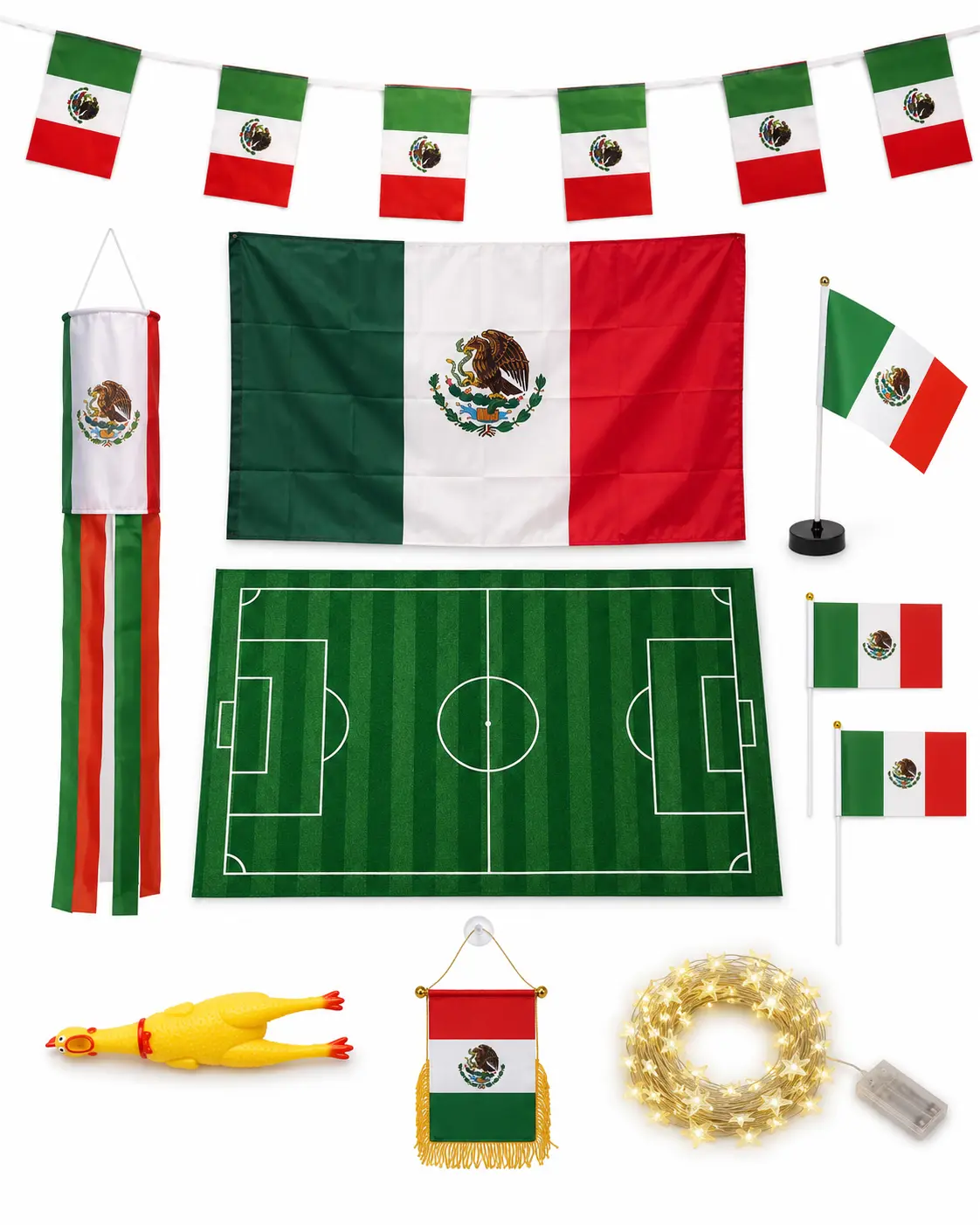 Mexico Party Decor Set for Soccer Fans, Polyester Flags & Table Cover for Indoor Game Day, Choose from 3pc Starter Pack to 8pc Kit, Lights, Outdoor, Bunting, Watch Party, 6Pc, With Lights