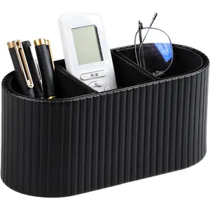 Oval Pen Holder for Desk, Remote Control Holder with 3 Compartments, PU Leather Small Desk Organizer Remote , Aesthetic Pencil Holder Desk Accessories for  Office (Black)
