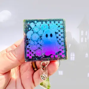 Neon Blue Ghost Badge Reel – Halloween Badge Holder – Glitter Retractable ID Holder – Handmade Spooky Fall Gift - Teacher Lanyard - Nurse, Teacher, Office Accessory - Handmade Gift for Teachers, Nurses, & Office Staff