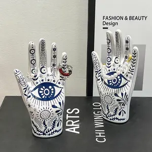 Unique Ceramic Hamsa Hand Decorative Jewelry Organizer, Evil Eye Ring Holder with Blue Floral & Geometric Design, Perfect for Engagement & Wedding