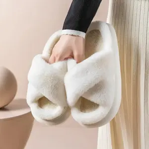 Women's Plush Slippers Fuzzy Soft Indoor House Shoes Non-Slip Comfortable Warm Cozy Winter Slides with Thick Sole for Home Lounge Relax Footwear White Round Toe Plain Design