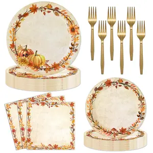 96 Pieces Fall Plates and Napkins Thanksgiving Party Supplies, Watercolor Pumpkin Autumn Leaves Disposable Tableware with Paper Plates Napkins and Forks for Thanksgiving Harves Party Decor - Serves 24