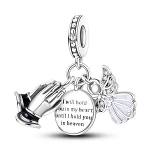 MULA 925 silver-plated faith and remembrance pendant with praying hands, angel wings and engraved message, perfect remembrance gift for girls and women