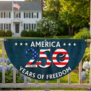 America 250 Years of Freedom Patriotic Polyester Fence Banner, USA 1776–2026 Semiquincentennial American Flag Half Round Bunting, Fourth of July Independence Day Outdoor Yard Fence Decor