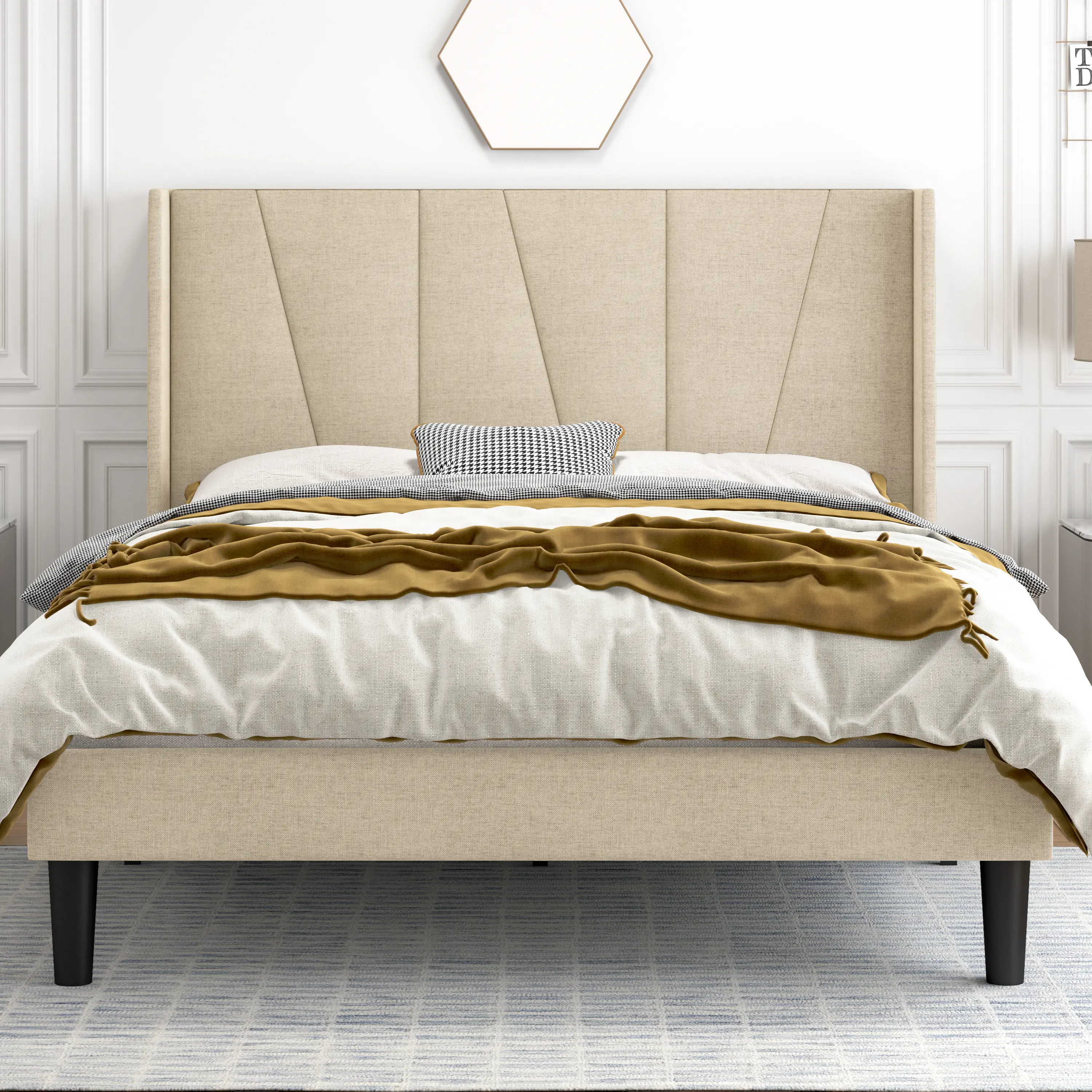 HOOMIC Upholstered Platform Bed Frame【Frame Only No Mattress】with Geometric Wingback Headboard,Wooden Slats Support,Full/Queen/King Size,No Box Spring Needed,Beige/Dark Grey#TikTokShopDealsforYouDays#DealsforYouDays#Summervibes#Summergarden