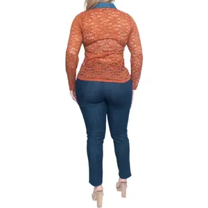 Plus Size Long Sleeve Floral Lace Sheer Top