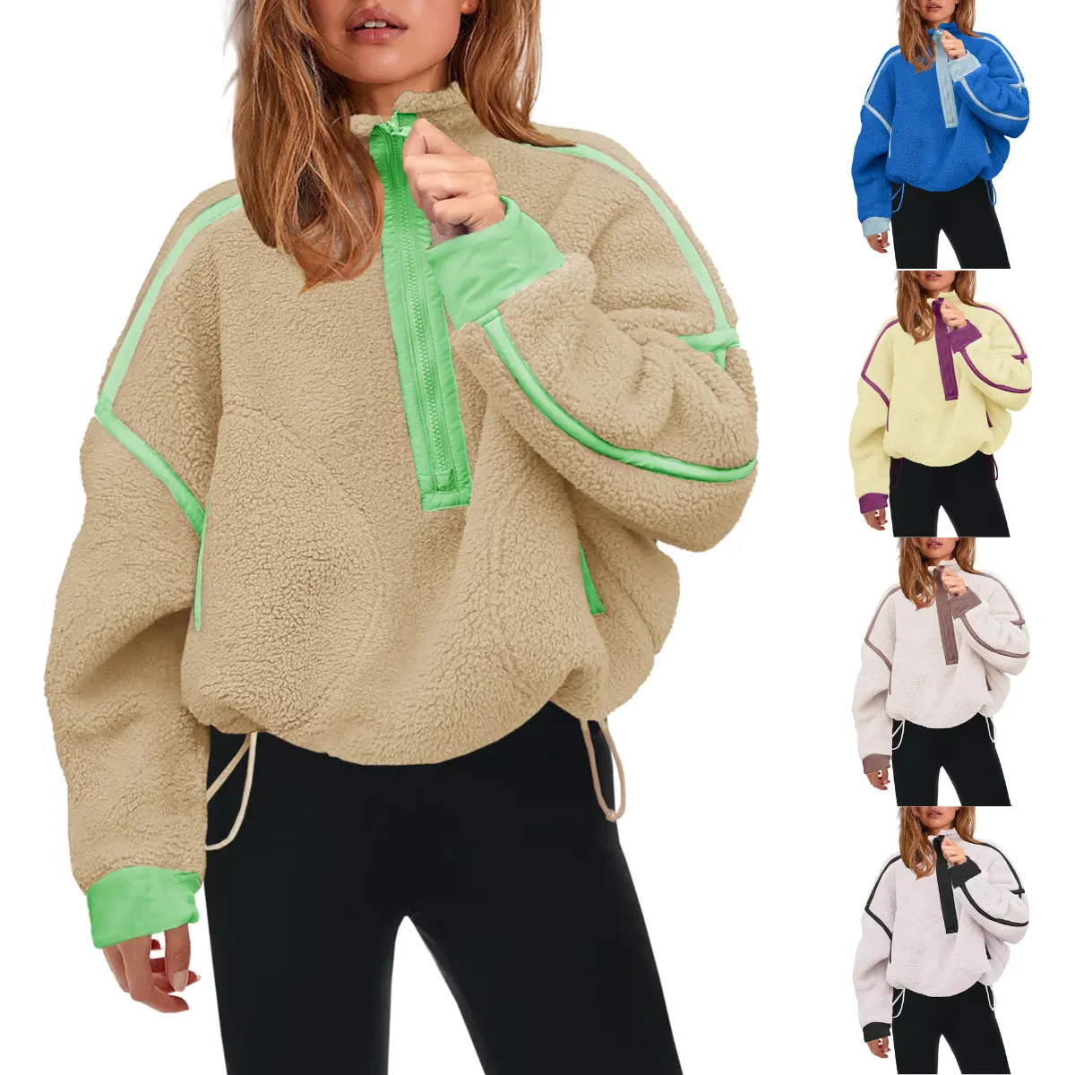 Kingapril Women's Half-Sherpa Zip Fleece Pullover Tops - Teddy Style, Oversized, Soft, Fluffy, Casual Sweatshirt with Pockets, Fit, Polyester, High Neck, Jackets, Party, Fuzzy, Colorblock, Half-Zip, Cute